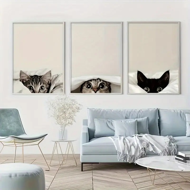 Abstract Canvas Set - 3PCS Peeking Cats Under The Blanket