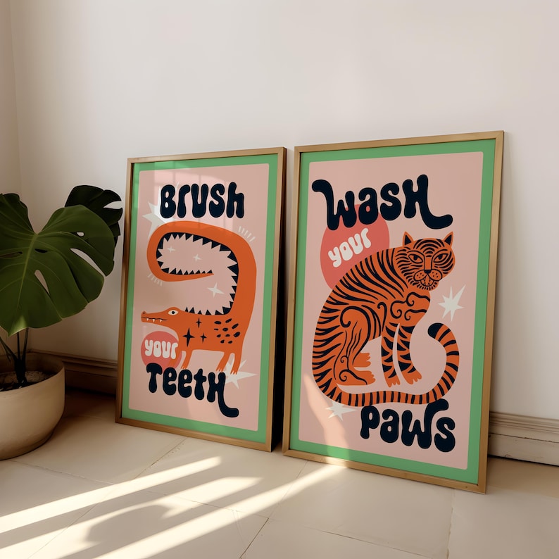 Abstract Canvas Set - 2pcs/set Tiger Wash Your Paws Bathroom